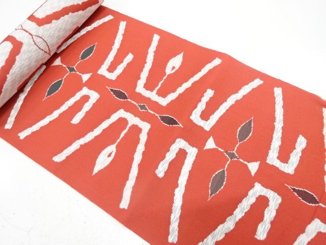 アンティーク　幾何学に抽象枝葉模様織り出し　八寸帯地反物